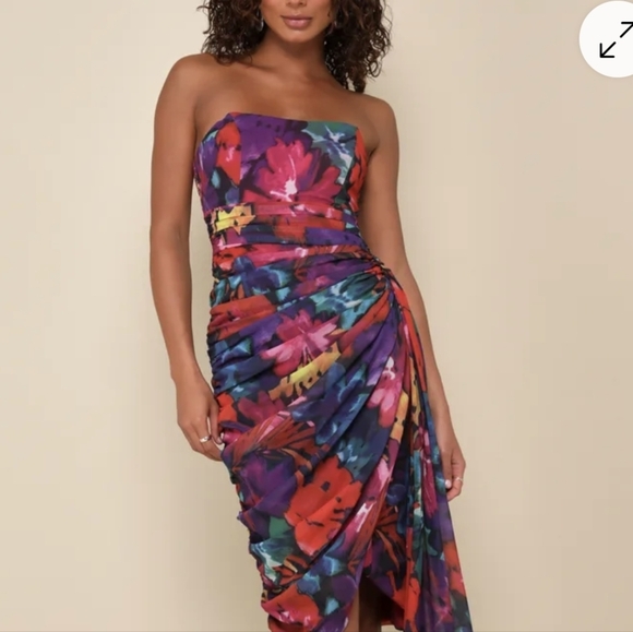 Lulus Strapless Bodice Dress Midi Bodycon Uncommon Aesthetic Floral S - Picture 2 of 9